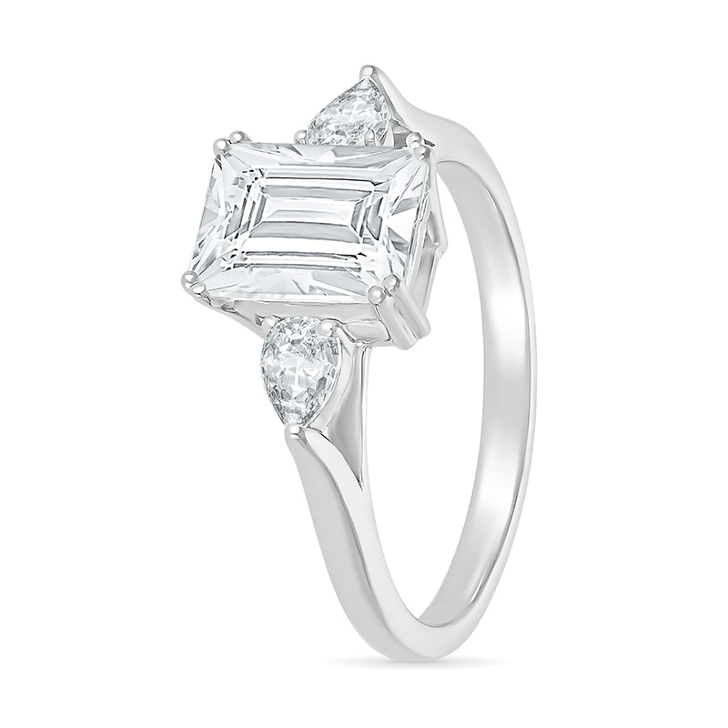 Main Image 2 of Emerald-Cut and Pear-Shaped White Lab-Created Sapphire Three Stone Ring in Sterling Silver