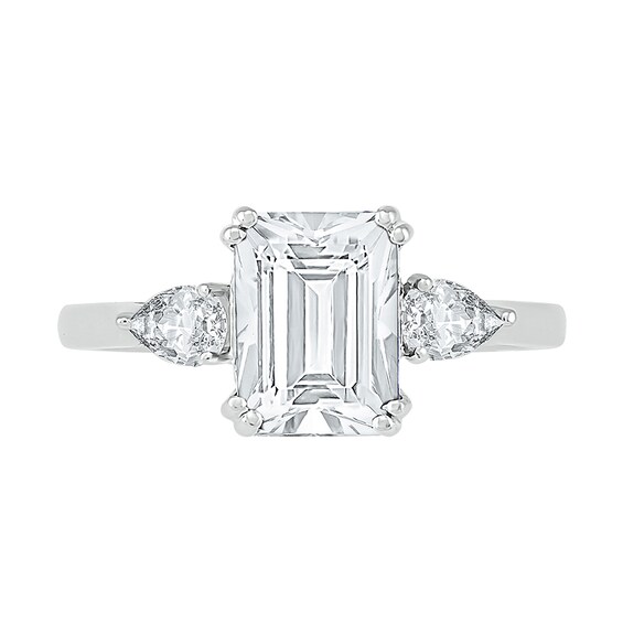 Emerald-Cut and Pear-Shaped White Lab-Created Sapphire Three Stone Ring in Sterling Silver