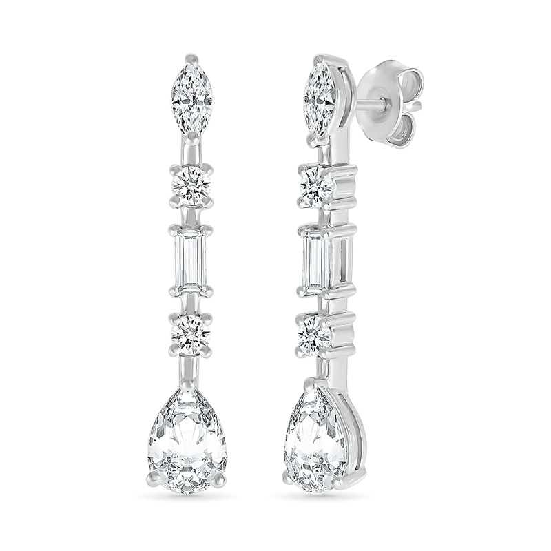 Main Image 1 of Multi-Shaped White Lab-Created Sapphire Art Deco Drop Earrings in Sterling Silver