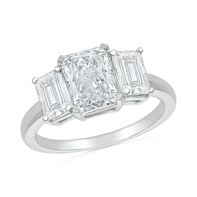 Main Image 1 of Emerald-Cut White Lab-Created Sapphire Three Stone Ring in Sterling Silver