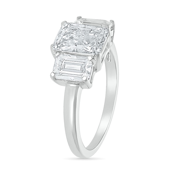 Emerald-Cut White Lab-Created Sapphire Three Stone Ring in Sterling Silver