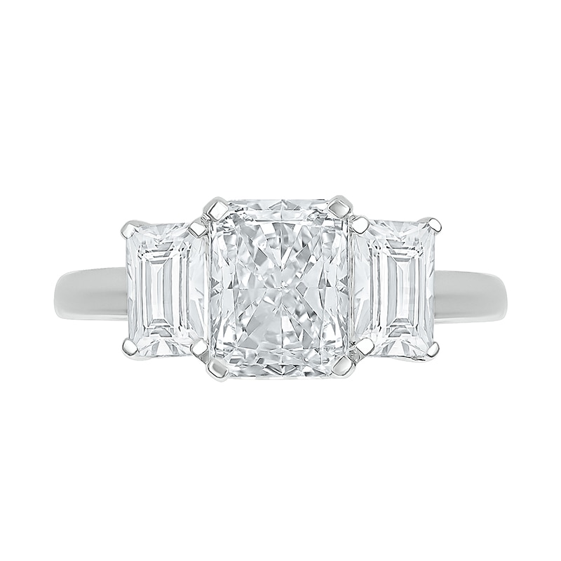 Main Image 3 of Emerald-Cut White Lab-Created Sapphire Three Stone Ring in Sterling Silver