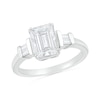 Thumbnail Image 1 of Emerald-Cut and Baguette White Lab-Created Sapphire Collar Three Stone Ring in Sterling Silver