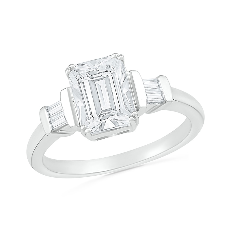 Main Image 1 of Emerald-Cut and Baguette White Lab-Created Sapphire Collar Three Stone Ring in Sterling Silver