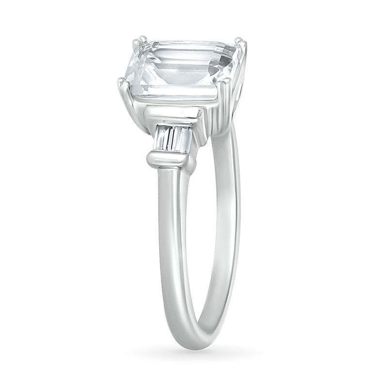 Main Image 2 of Emerald-Cut and Baguette White Lab-Created Sapphire Collar Three Stone Ring in Sterling Silver