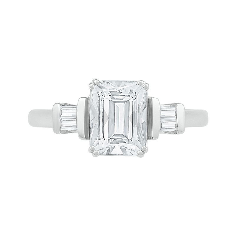 Main Image 3 of Emerald-Cut and Baguette White Lab-Created Sapphire Collar Three Stone Ring in Sterling Silver