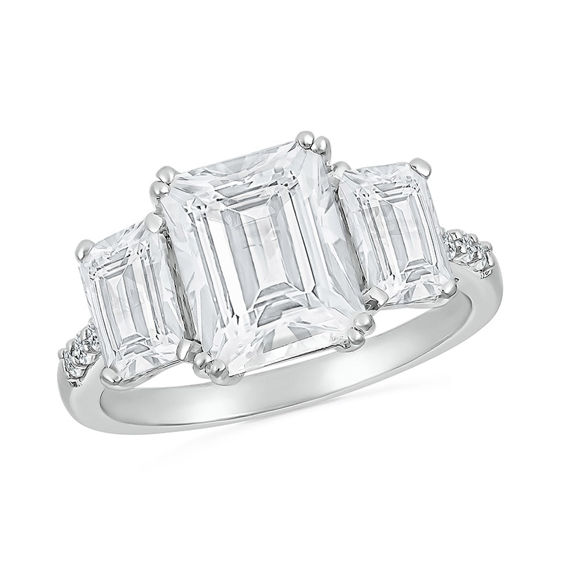 Main Image 1 of Emerald-Cut White Lab-Created Sapphire Lined Three Stone Ring in Sterling Silver