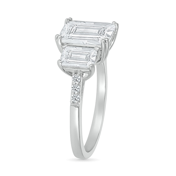 Emerald-Cut White Lab-Created Sapphire Lined Three Stone Ring in Sterling Silver