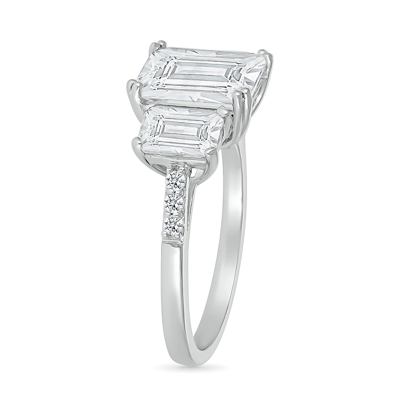 Main Image 2 of Emerald-Cut White Lab-Created Sapphire Lined Three Stone Ring in Sterling Silver