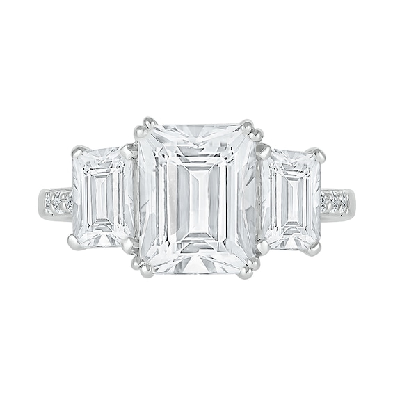 Emerald-Cut White Lab-Created Sapphire Lined Three Stone Ring in Sterling Silver