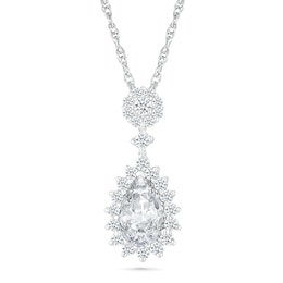 Pear-Shaped White Lab-Created Sapphire Sunburst Frame Cluster Drop Pendant in Sterling Silver