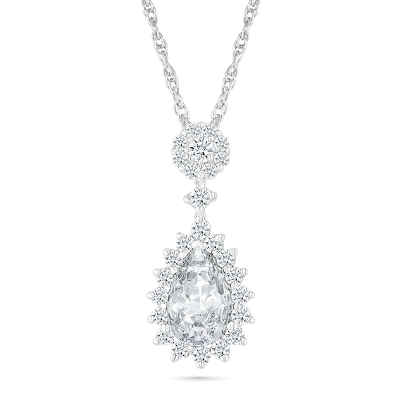 Pear-Shaped White Lab-Created Sapphire Sunburst Frame Cluster Drop Pendant in Sterling Silver