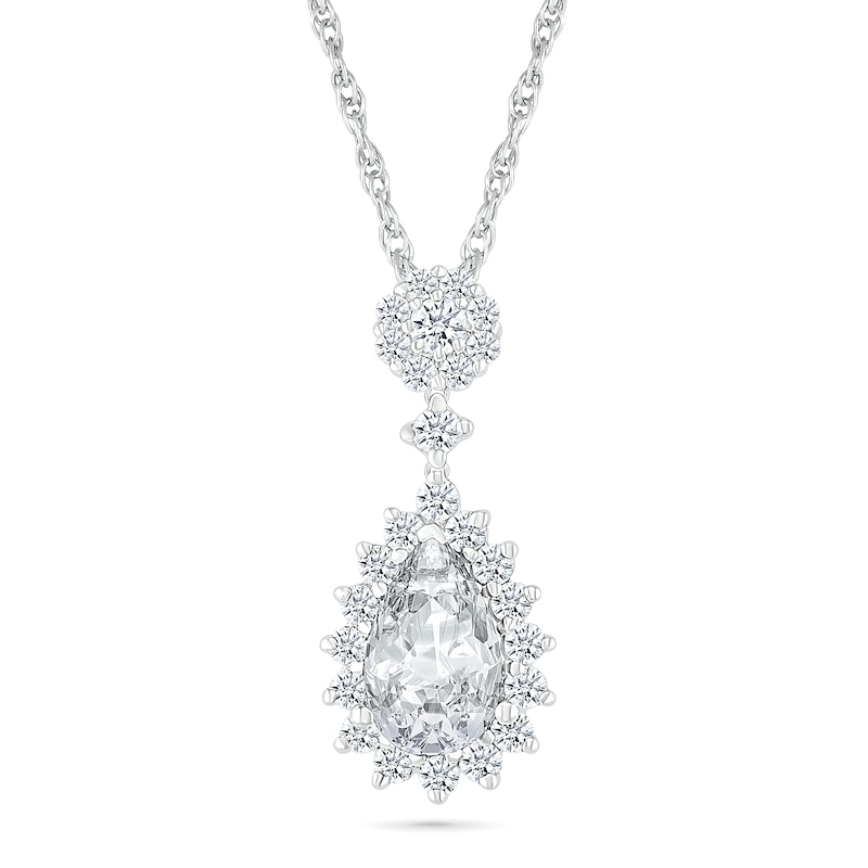 Main Image 1 of Pear-Shaped White Lab-Created Sapphire Sunburst Frame Cluster Drop Pendant in Sterling Silver