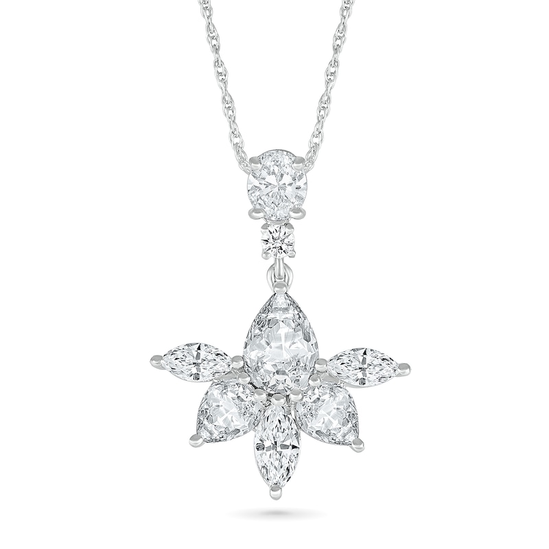 Main Image 1 of Multi-Shaped White Lab-Created Sapphire Flower Drop Pendant in Sterling Silver