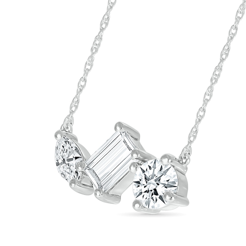 Main Image 2 of Round, Marquise and Emerald-Cut White Lab-Created Sapphire Cluster Necklace in Sterling Silver