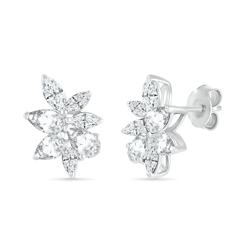Main Image 1 of Marquise and Pear-Shaped White Lab-Created Sapphire Cluster Stud Earrings in Sterling Silver