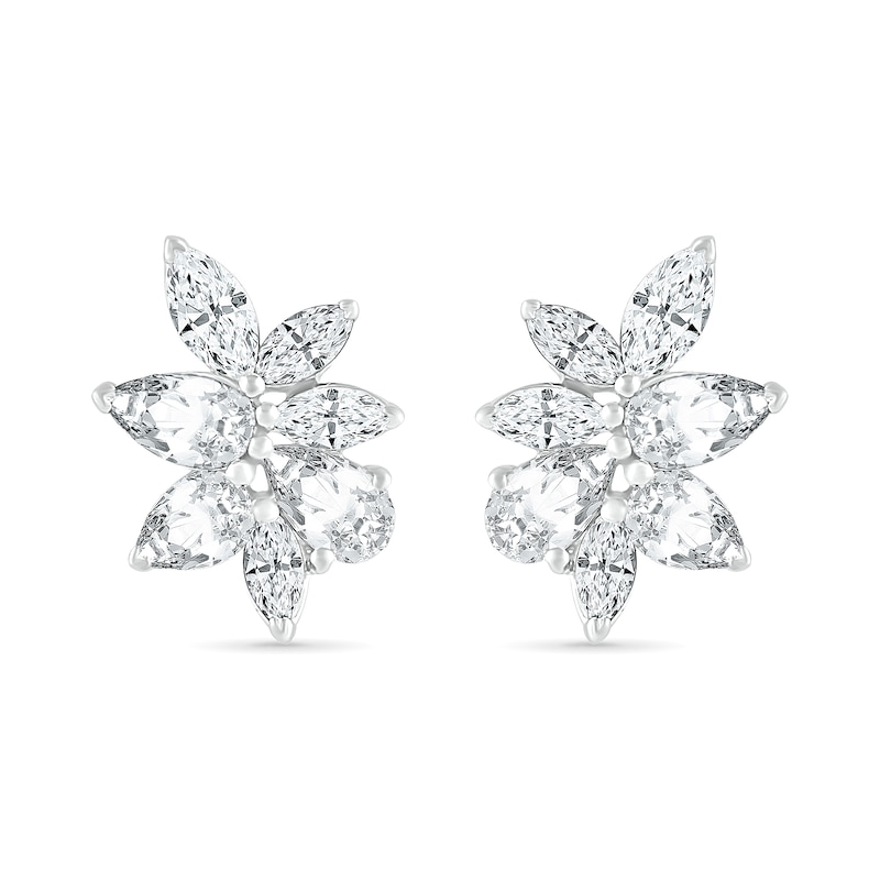 Main Image 2 of Marquise and Pear-Shaped White Lab-Created Sapphire Cluster Stud Earrings in Sterling Silver
