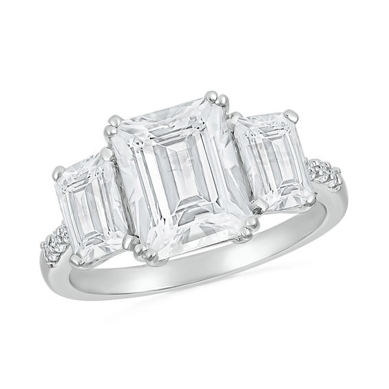 Emerald-Cut White Lab-Created Sapphire Lined Three Stone Ring in Sterling Silver