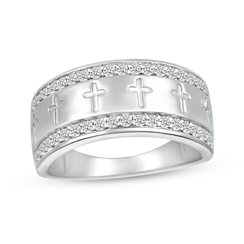 Main Image 1 of Men's 1/2 CT. T.W. Diamond Edge Cross Ring in 10K White Gold
