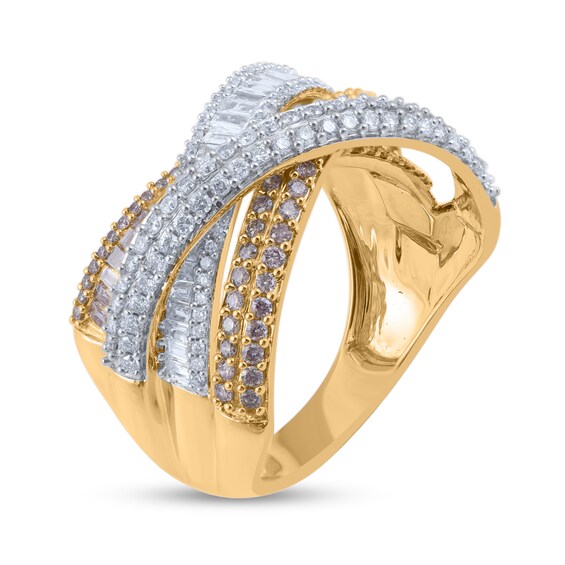 1-1/2 CT. T.w. Champagne and White Diamond Layered Criss-Cross Ring in 10K Gold