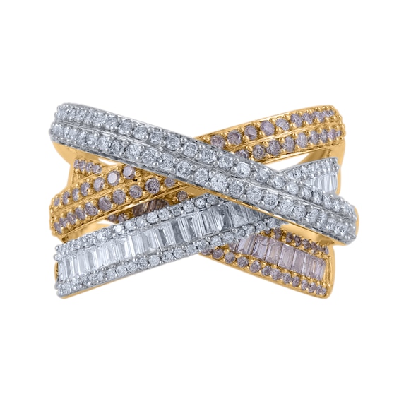 1-1/2 CT. T.w. Champagne and White Diamond Layered Criss-Cross Ring in 10K Gold