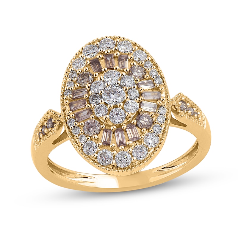 1 CT. T.W. Champagne and White Oval Multi-Diamond Vintage-Style Ring in 10K Gold