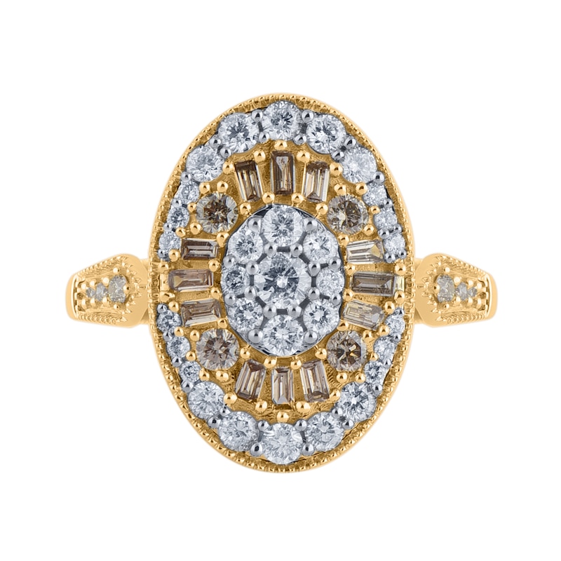 Main Image 3 of 1 CT. T.W. Champagne and White Oval Multi-Diamond Vintage-Style Ring in 10K Gold