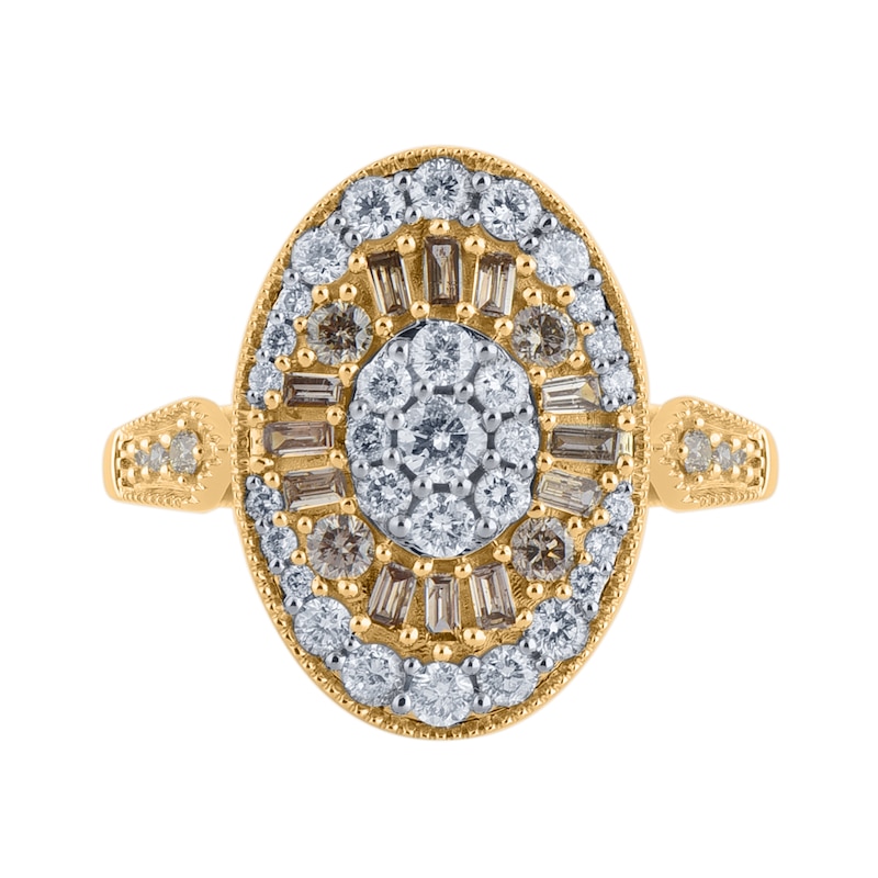 1 CT. T.W. Champagne and White Oval Multi-Diamond Vintage-Style Ring in 10K Gold