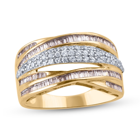 5/8 CT. T.w. Champagne and White Diamond Multi-Row Criss-Cross Ring in 10K Gold