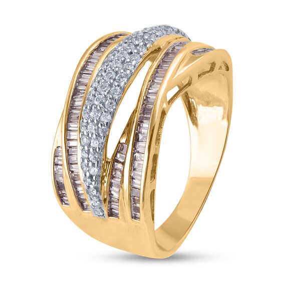 5/8 CT. T.w. Champagne and White Diamond Multi-Row Criss-Cross Ring in 10K Gold