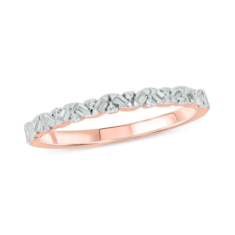 Main Image 1 of 1/6 CT. T.W. Baguette and Round Diamond Zig-Zag Stackable Band in 10K Rose Gold