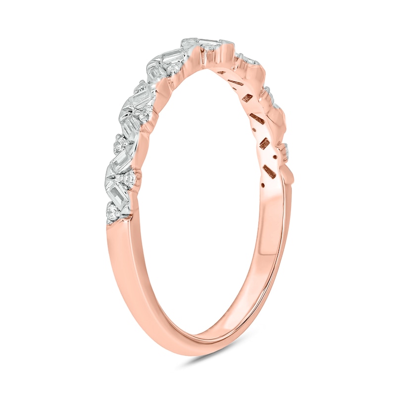 Main Image 2 of 1/6 CT. T.W. Baguette and Round Diamond Zig-Zag Stackable Band in 10K Rose Gold