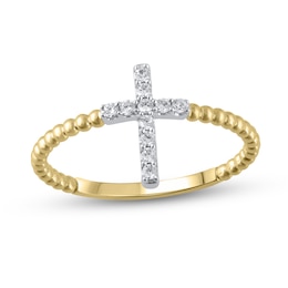 1/10 CT. T.W. Diamond Cross Bead Shank Ring in 10K Gold