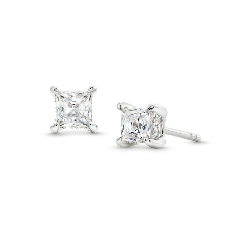 Main Image 1 of Certified Princess-Cut Center Diamond Solitaire 5/8 CT. T.W. Hidden Halo Stud Earrings in 14K White Gold (I/I1)
