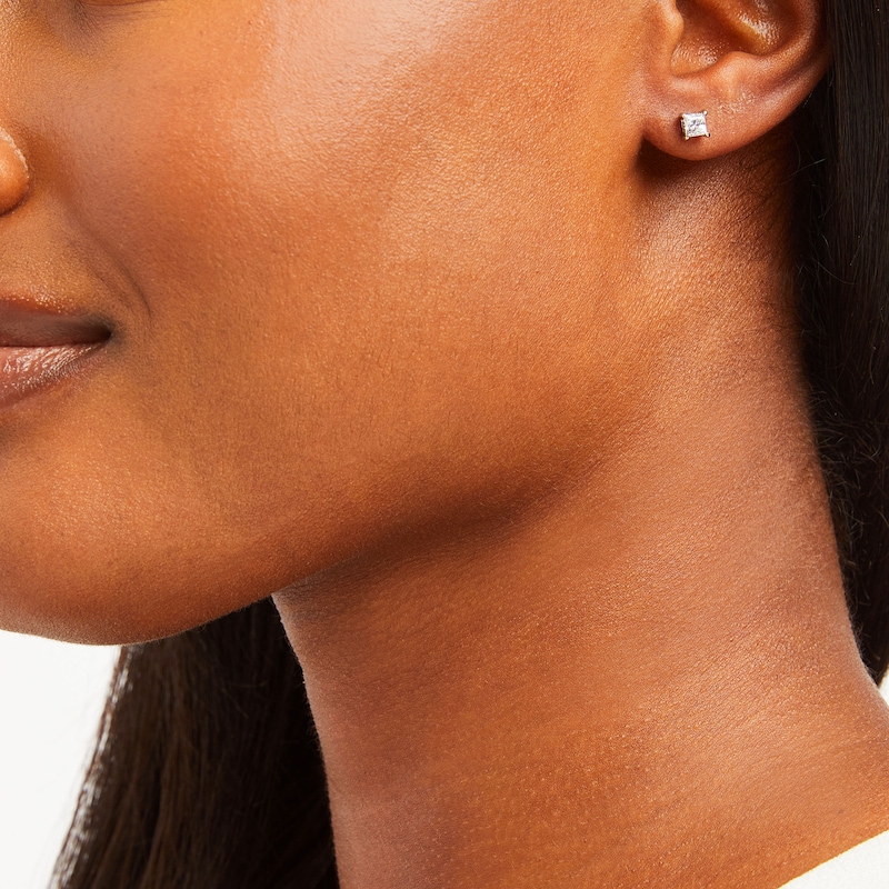 Main Image 2 of Certified Princess-Cut Center Diamond Solitaire 5/8 CT. T.W. Hidden Halo Stud Earrings in 14K White Gold (I/I1)