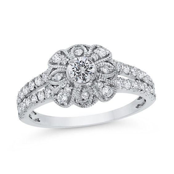 3/4 CT. T.w. Diamond Flower Frame Double Row Split Shank Ring in 10K White Gold