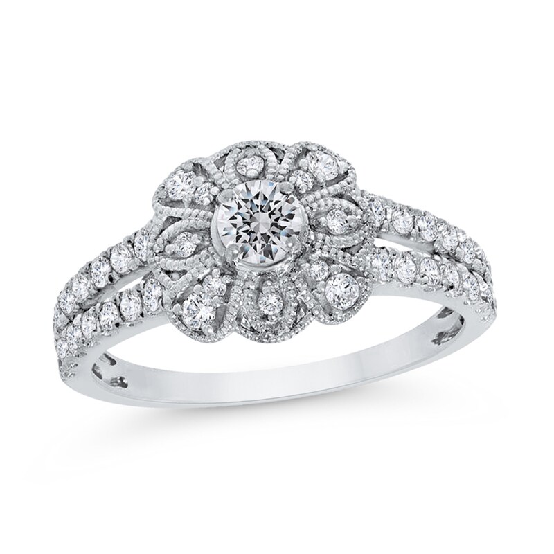 Main Image 1 of 3/4 CT. T.W. Diamond Flower Frame Double Row Split Shank Ring in 10K White Gold