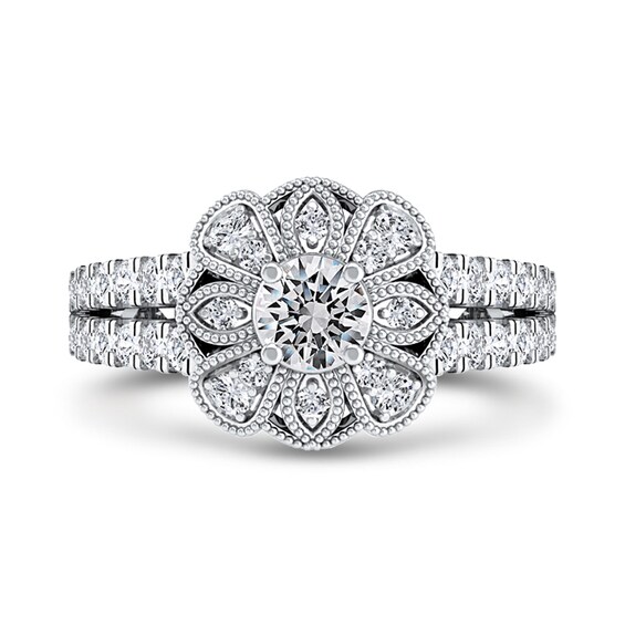 3/4 CT. T.w. Diamond Flower Frame Double Row Split Shank Ring in 10K White Gold
