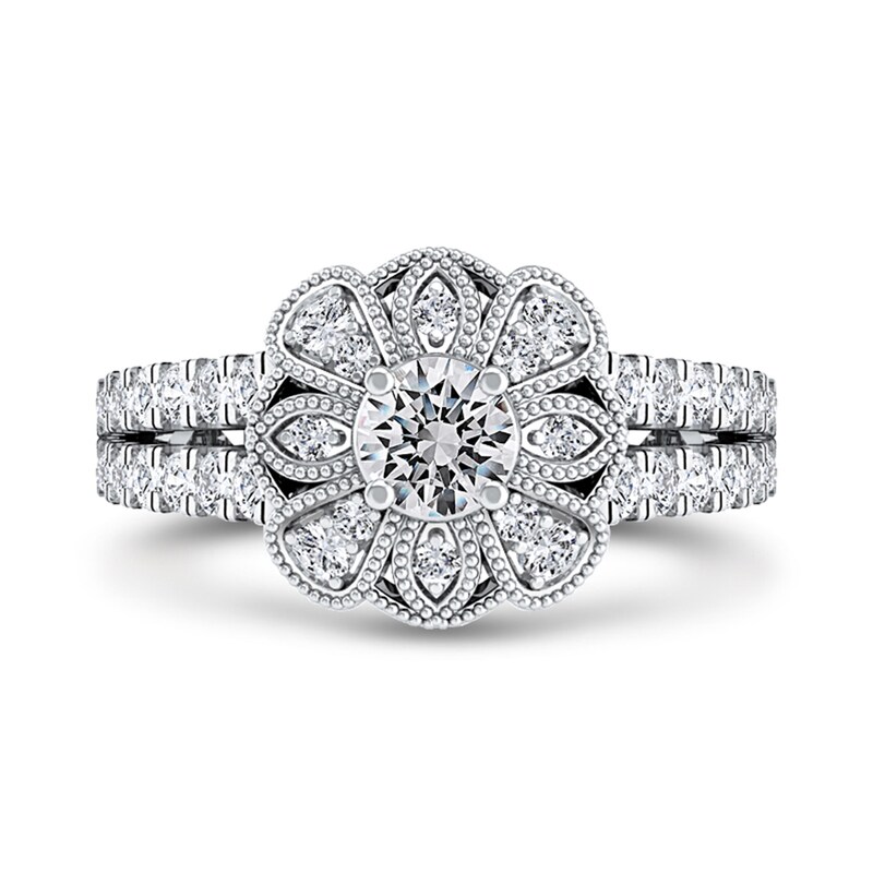Main Image 2 of 3/4 CT. T.W. Diamond Flower Frame Double Row Split Shank Ring in 10K White Gold