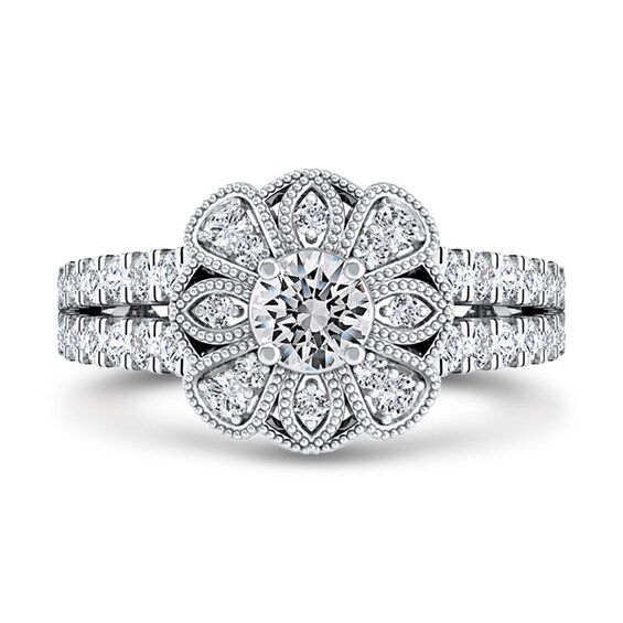 3/4 CT. T.w. Diamond Flower Frame Double Row Split Shank Ring in 10K White Gold