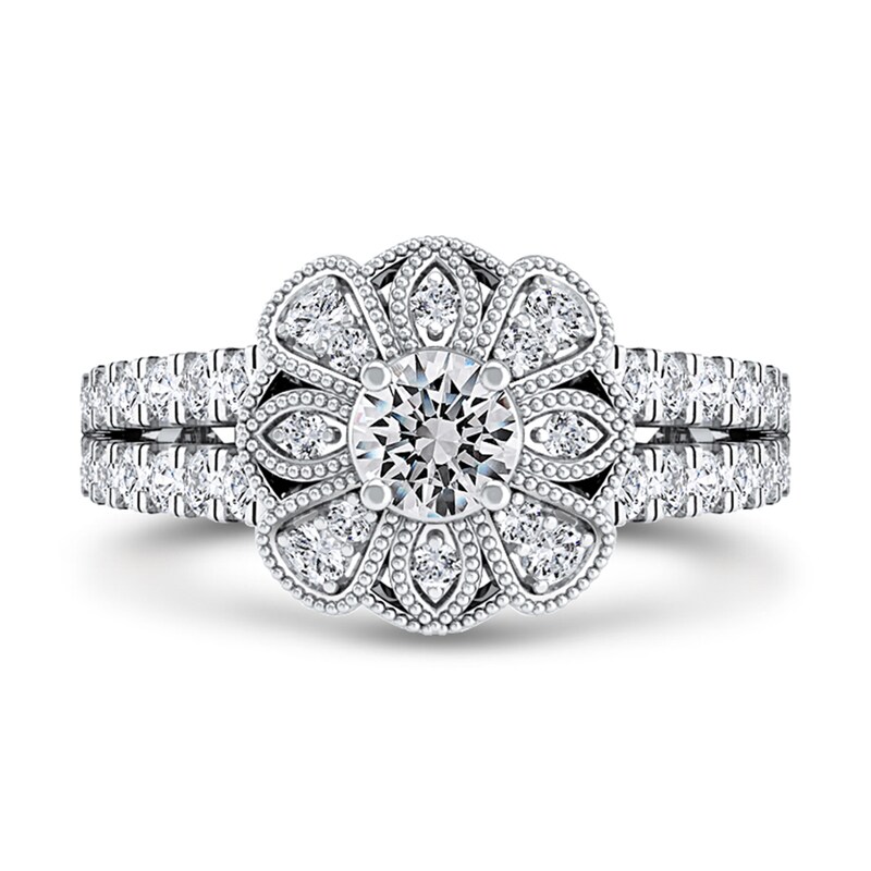 Main Image 3 of 3/4 CT. T.W. Diamond Flower Frame Double Row Split Shank Ring in 10K White Gold