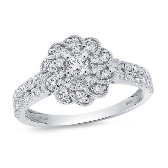 3/4 CT. T.w. Diamond Pinwheel Frame Double Row Vintage-Style Ring in 10K White Gold