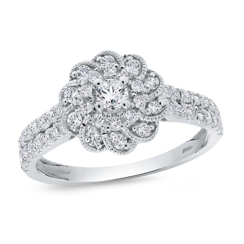 Main Image 1 of 3/4 CT. T.W. Diamond Pinwheel Frame Double Row Vintage-Style Ring in 10K White Gold