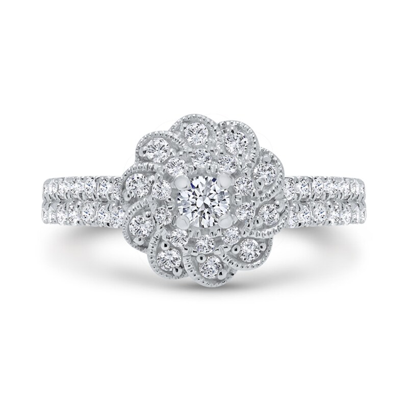 Main Image 3 of 3/4 CT. T.W. Diamond Pinwheel Frame Double Row Vintage-Style Ring in 10K White Gold
