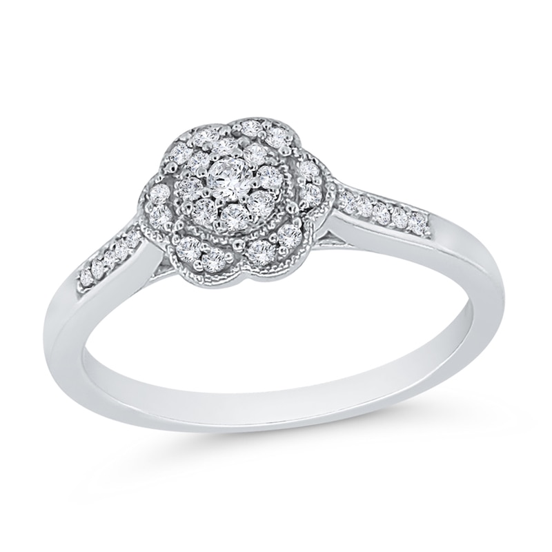 Main Image 1 of 1/6 CT. T.W. Multi-Diamond Flower Vintage-Style Ring in 10K White Gold