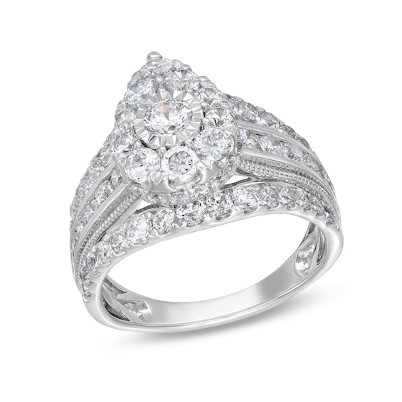 2 CT. T.w. Pear Multi-Diamond Vintage-Style Multi-Row Shank Engagement Ring in 10K White Gold