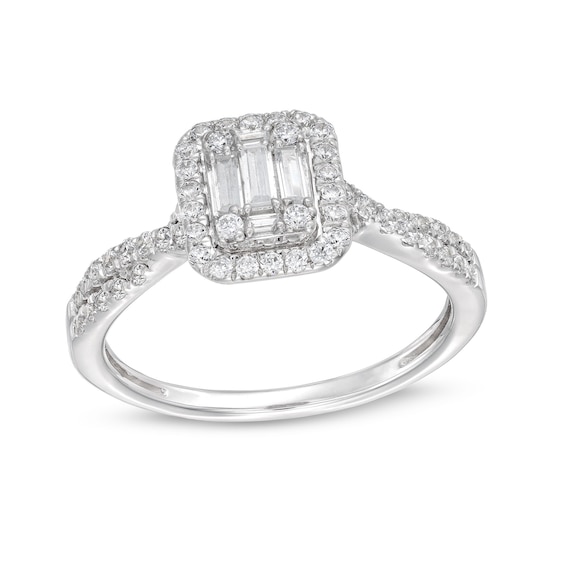 1/2 CT. T.w. Emerald-Shaped Multi-Diamond Frame Twist Shank Engagement Ring in 10K Gold