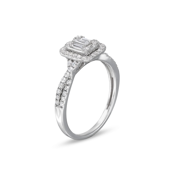 1/2 CT. T.w. Emerald-Shaped Multi-Diamond Frame Twist Shank Engagement Ring in 10K Gold