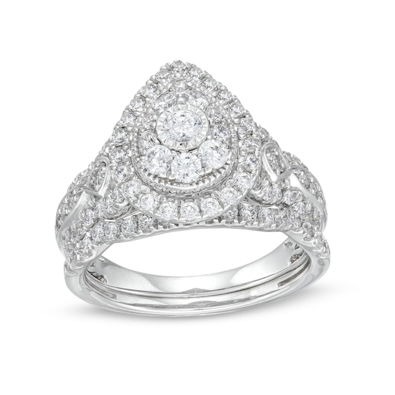 1 CT. T.w. Pear Multi-Diamond Vintage-Style Bridal Set in 10K White Gold