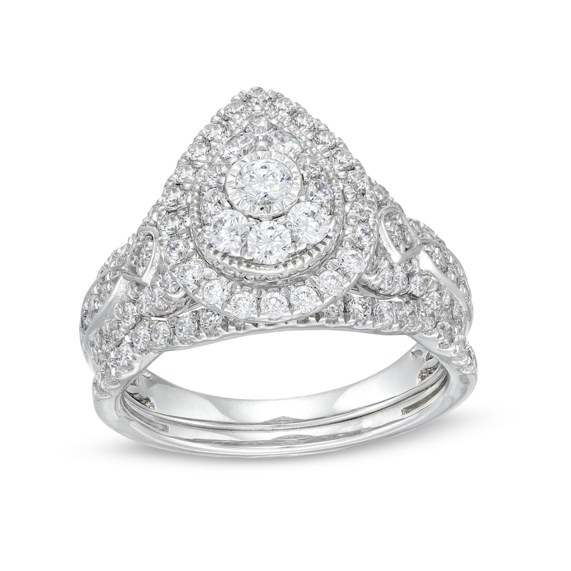 Main Image 1 of 1 CT. T.W. Pear Multi-Diamond Vintage-Style Bridal Set in 10K White Gold